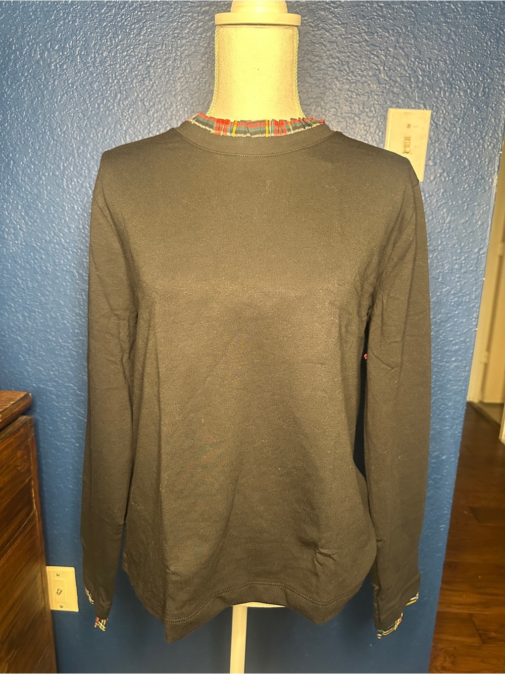 J. Crew Black Long-Sleeve Crewneck Shirt with Plaid Trim